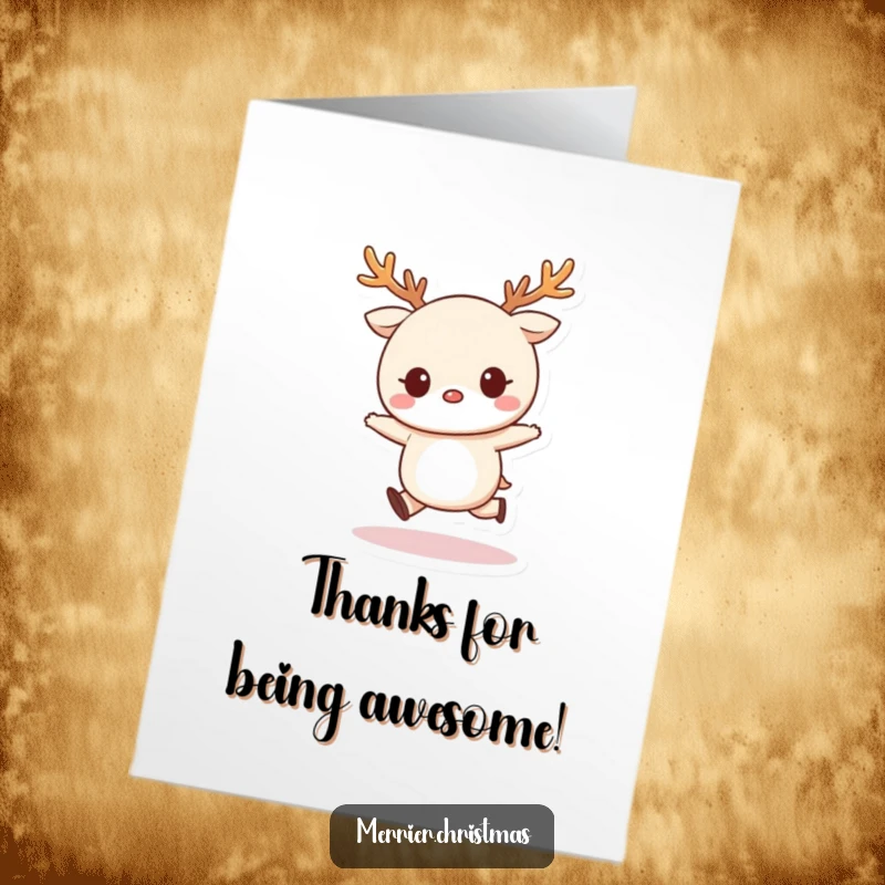 Funny Free Printable Thank You Card: Kawaii character wearing reindeer antlers, joyfully skipping, a cute and funny way to say thank you, DIY gift.