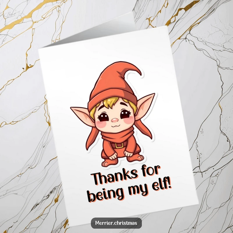 Funny Free Printable Thank You Card featuring a kawaii elf in a pointy hat, pulling a hilariously silly face, sending thanks.