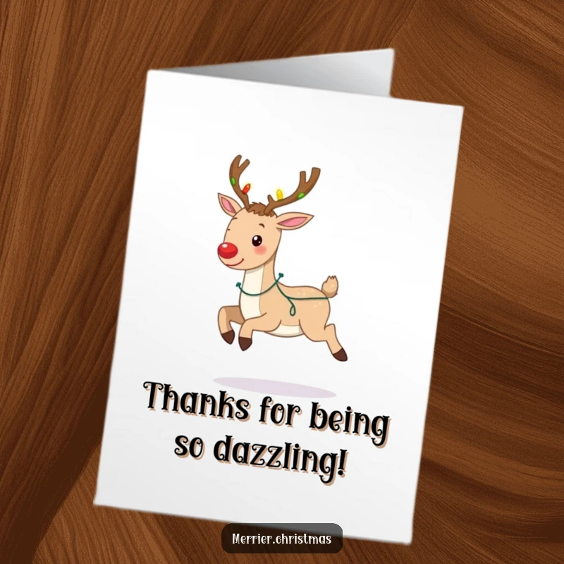 Funny Free Printable Thank You Card: A reindeer joyfully prances, its antlers twinkling with festive lights.