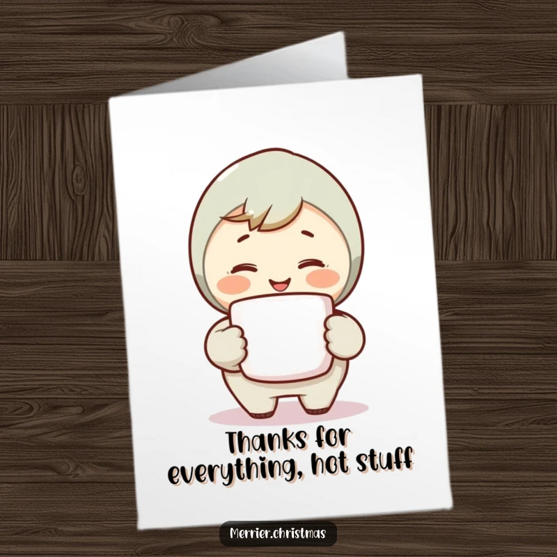 Funny Free Printable Thank You Card: A character with a steaming mug smiling warmly to express thanks, a perfect downloadable gift.