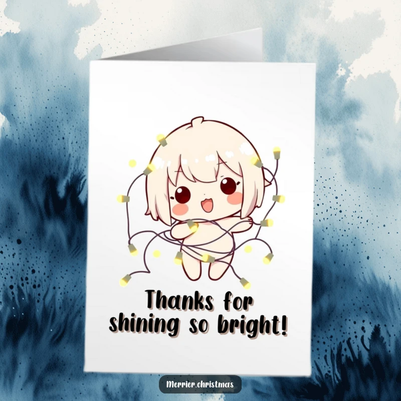 Funny Free Printable Thank You Card: A kawaii character is playfully caught in glowing string lights, offering thanks.