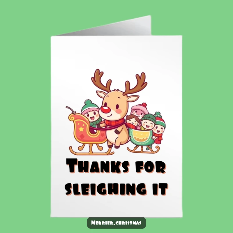 Free Printable Thank You Reindeer Card: Laughing Sleigh, Cheerful Downloadable Gift