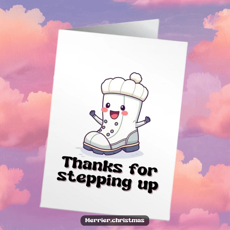 Funny Free Printable Thank You Card: A winter boot character energetically stomping, conveying sincere thanks with a smile.