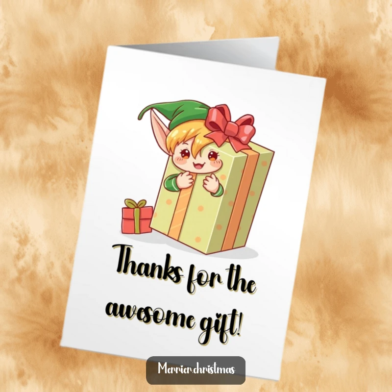 Funny Free Printable Thank You Card: An elf is shown in the act of wrapping an exceptionally large gift.