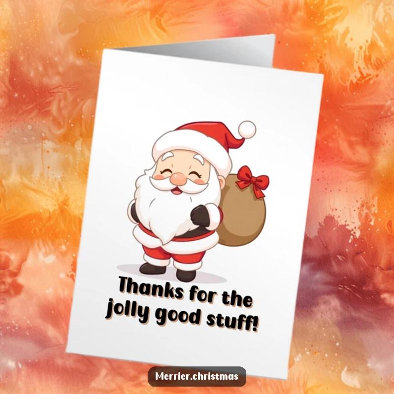 Funny Free Printable Thank You Card showcasing a smiling Santa Claus with a gift bag, conveying warm wishes and thanks.