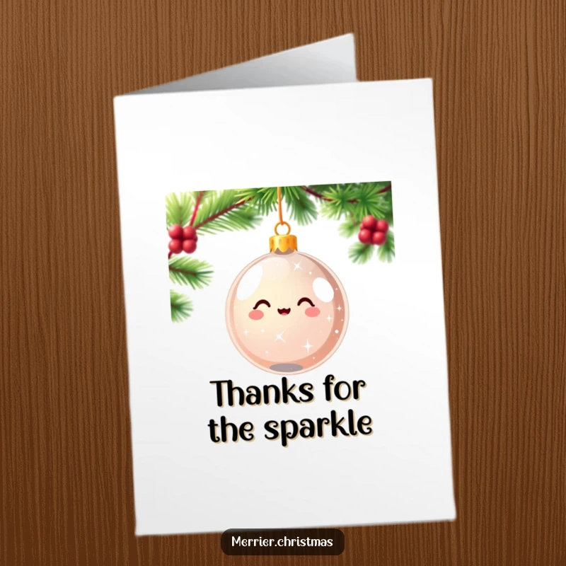 Festive Free Printable Thank You Card: Kawaii Christmas ornament sparkling and spinning with delight, expressing thanks with holiday cheer.