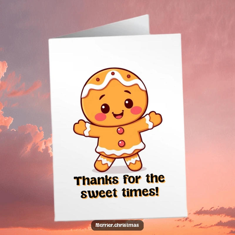 Funny Free Printable Gingerbread Thank You Card, dancing happily with icing decorations.