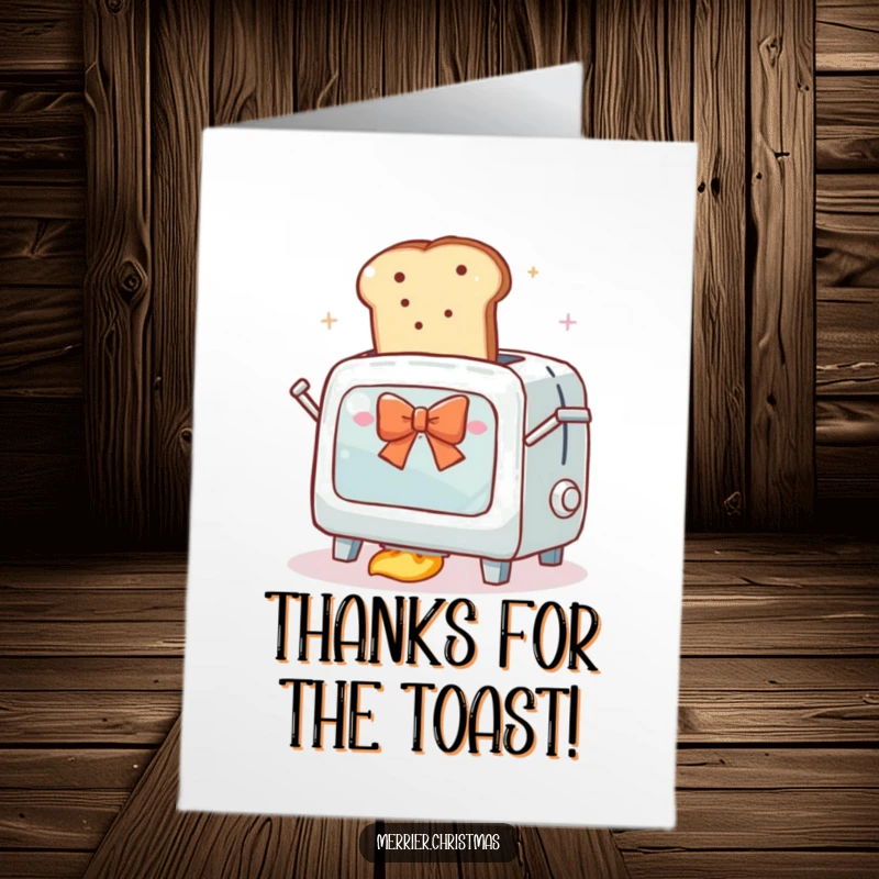 Funny Free Printable Thank You Card showing an excited toaster oven launching toast with a bow, grateful.