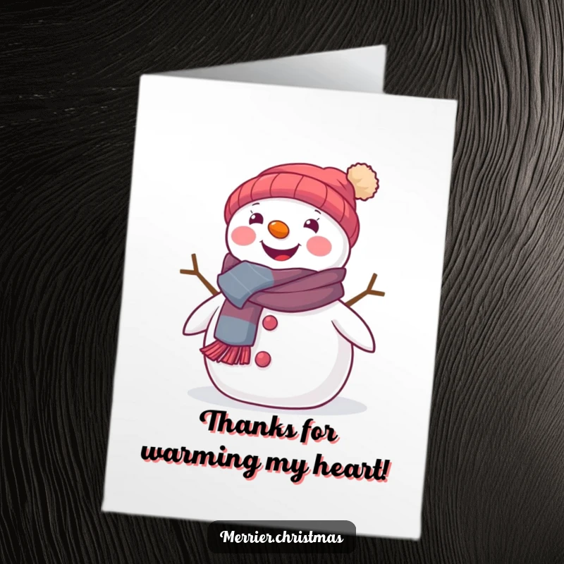 Funny Free Printable Thank You Card: A cute snowman beams, wearing a scarf and expressing cozy thanks. Festive downloadable gift.