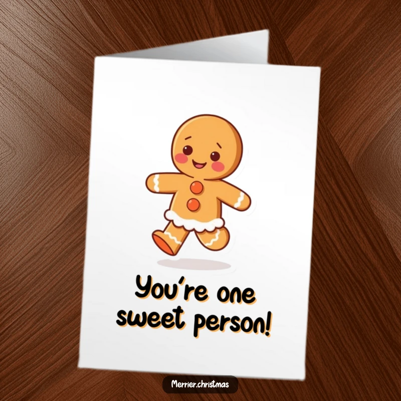 Funny Free Printable Thank You Card: A gingerbread character with icing buttons is captured mid-skip cheerfully.