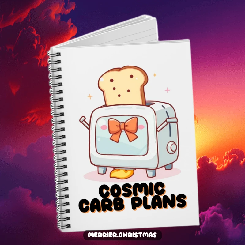 Funny notebook cover with an enthusiastic toaster oven launching a slice of bread with a festive bow into orbit, great for notes.