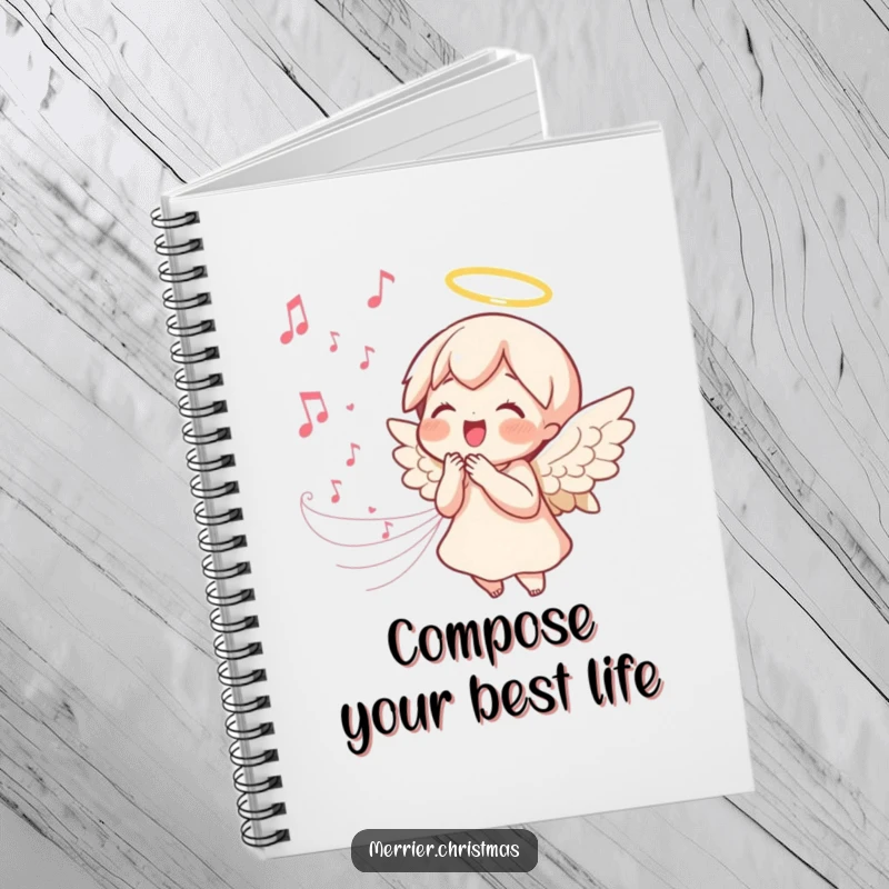 Funny kawaii angel notebook featuring a singing angel with a joyful expression and flowing music notes, ideal for peaceful note-taking.