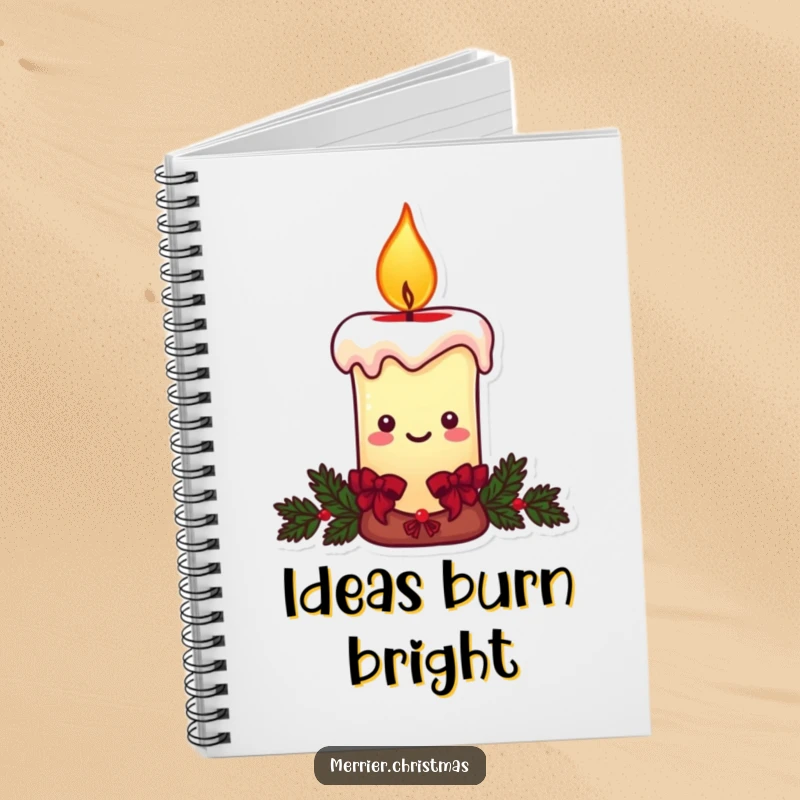Funny Christmas candle notebook, a character with a warm, smiling flame, perfect for writing festive thoughts.