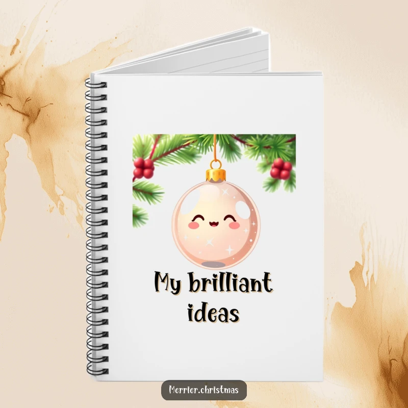 Funny kawaii Christmas ornament notebook sparkling and spinning with pure delight, ideal for festive and humorous note-taking during the holidays.