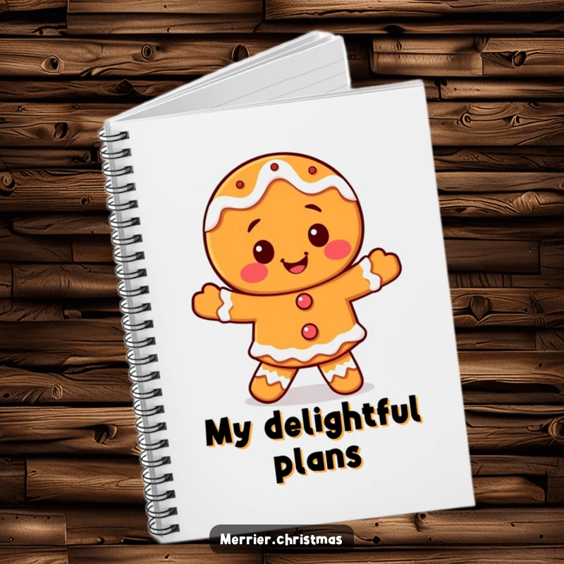 Funny smiling gingerbread character notebook, with icing details, dancing happily, perfect for writing and drawing.