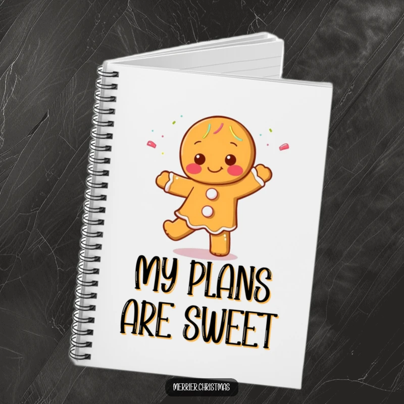 Funny Gingerbread Man Notebook featuring a character dancing cheerfully, covered in sprinkles, perfect for jotting down sweet and funny notes.
