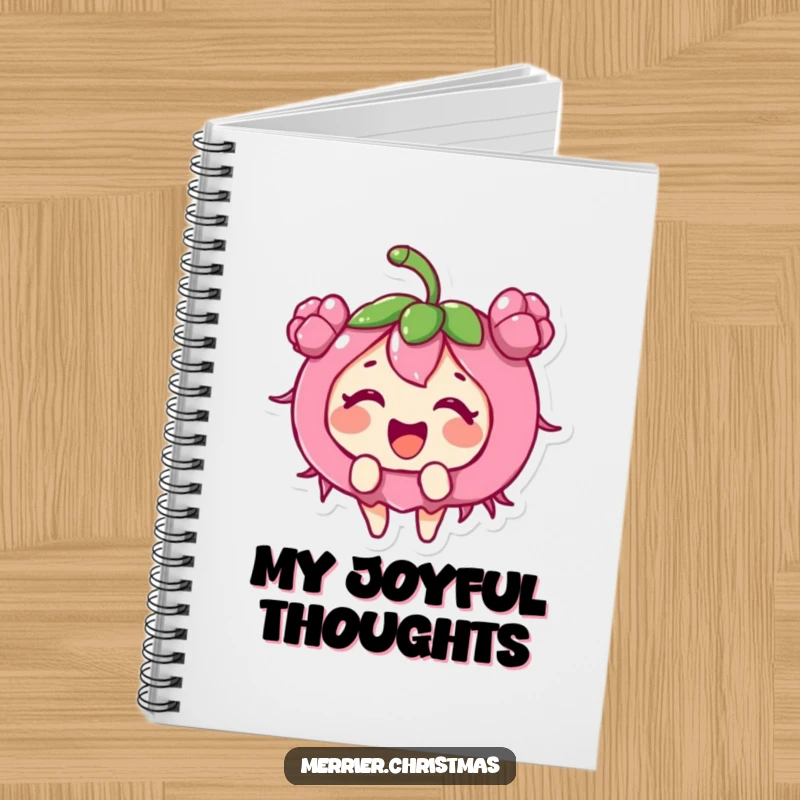 Funny holly berry character giggling with excitement, adorning the cover of a holiday-themed notebook.