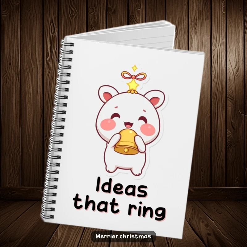Funny notebook cover with a kawaii character holding a sparkling bell, inspiring sweet and delightful writing.