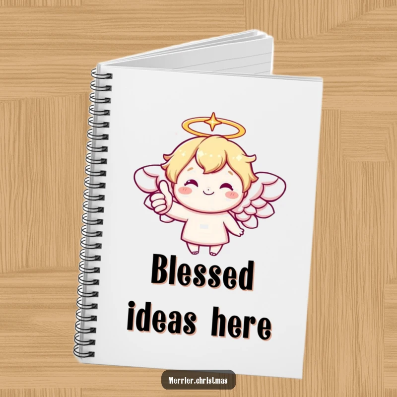 Funny notebook with a kawaii angel character, sparkling halo, and a cheerful thumbs up, perfect for notes.