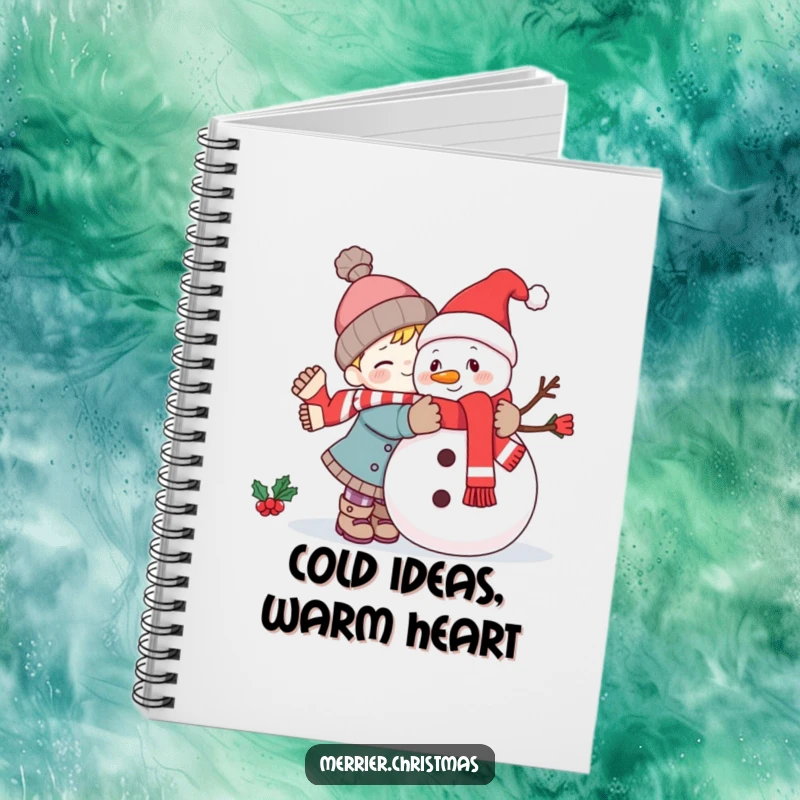 Funny kawaii character giving a cheerful snowman a big hug on the cover of a notebook, ideal for winter notes.