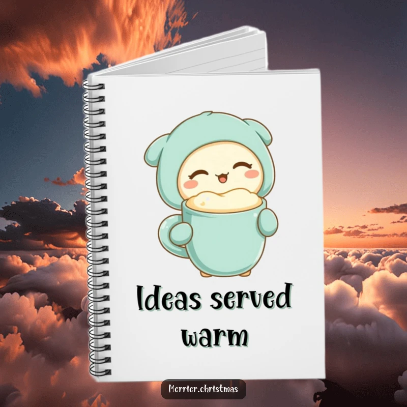 Funny kawaii character winking while holding a mug of warm drink, featured on a notebook for jotting down ideas.