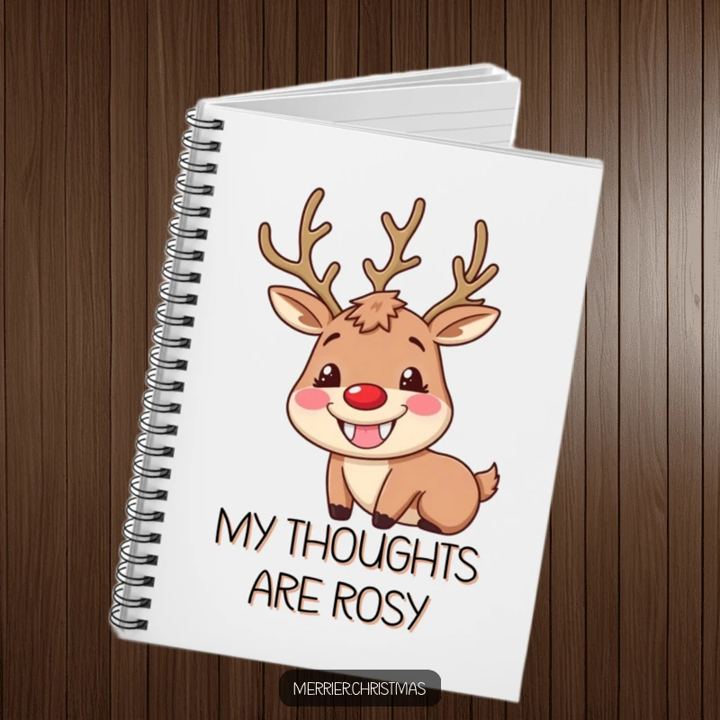 Funny Reindeer Notebook featuring a character with a huge, goofy grin and rosy cheeks, perfect for jotting down funny notes and ideas.
