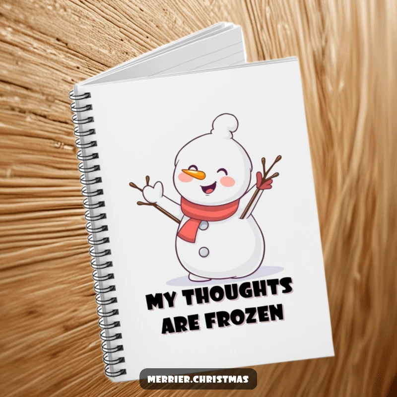 Funny notebook cover with a smiling snowman character waving its twig arm, ideal for recording winter plans and ideas.