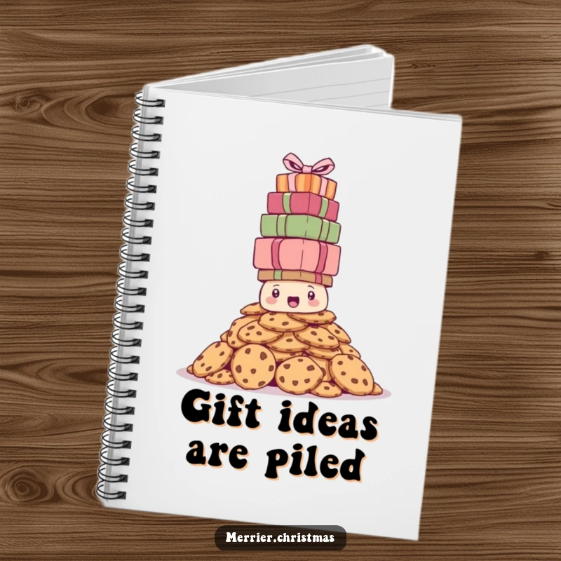 Funny notebook cover with a bewildered pile of cookies struggling to balance a huge stack of holiday presents, perfect for note-taking.