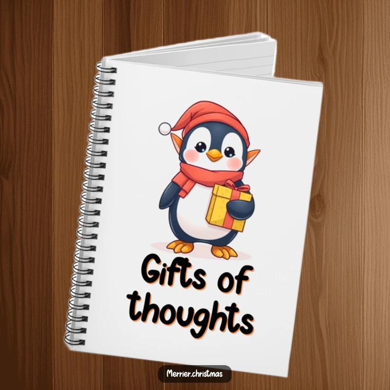 Funny elf penguin notebook, dressed as a holiday elf, holding a wrapped gift, perfect for jotting down notes and ideas.
