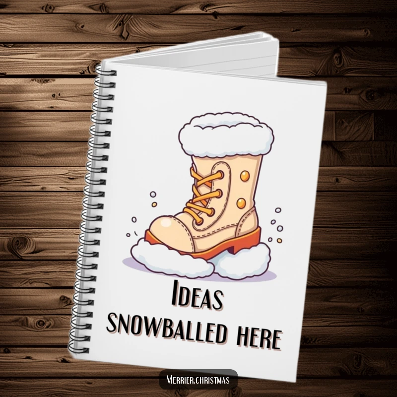 Funny Notebook, showing a festive boot character enthusiastically kicking a pile of snow, ready for your thoughts.
