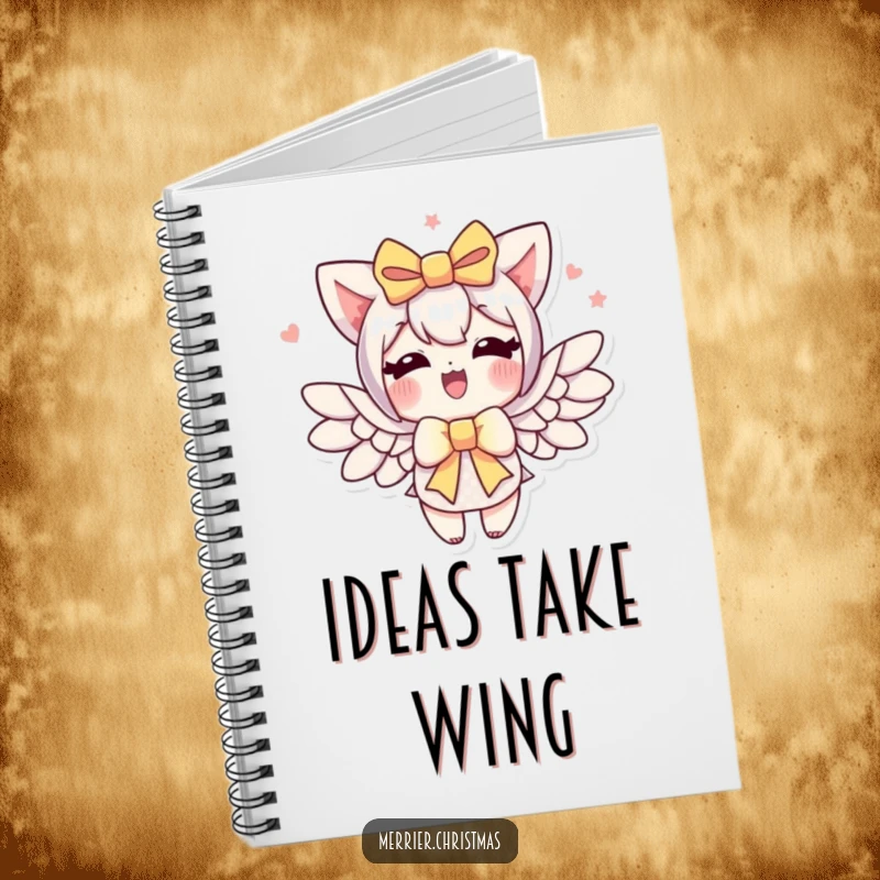 Funny gift bow notebook, a character with a gift bow enthusiastically sprouting wings, perfect for inspired writing.