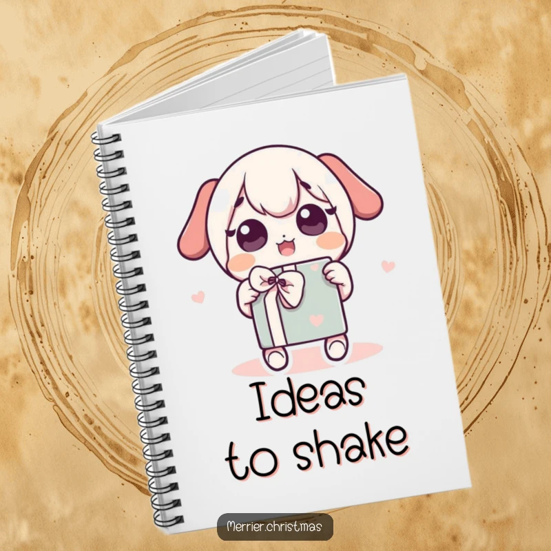 Funny Notebook with a kawaii character shaking a wrapped gift on the cover, eyes wide with excitement, inspiring creativity.