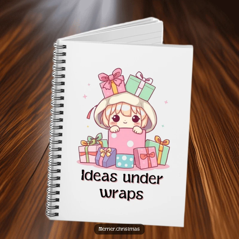 Funny Notebook with a cute kawaii character peeking from a pile of wrapped gifts on the cover, inspiring creativity and joy.