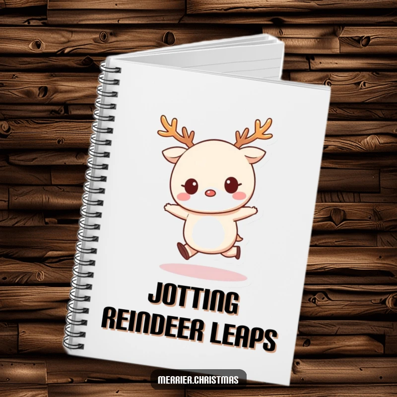 Funny Notebook with a kawaii character wearing reindeer antlers and skipping on the cover, inspiring holiday cheer and creativity.