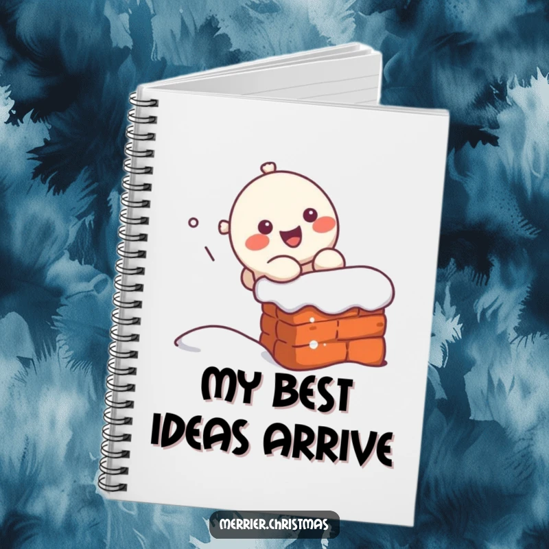 Funny kawaii character making a cheerful chimney slide, featured on the cover of a notebook for holiday brainstorming.