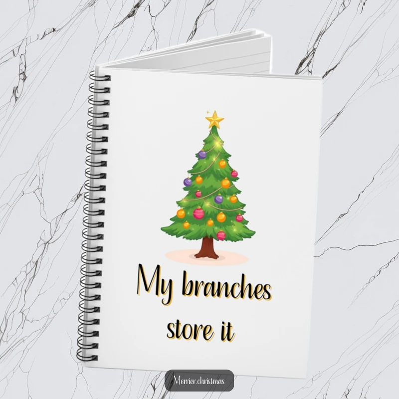 Funny Christmas tree notebook with sparkling ornaments, twinkling, perfect for notes and as a festive, funny gift.