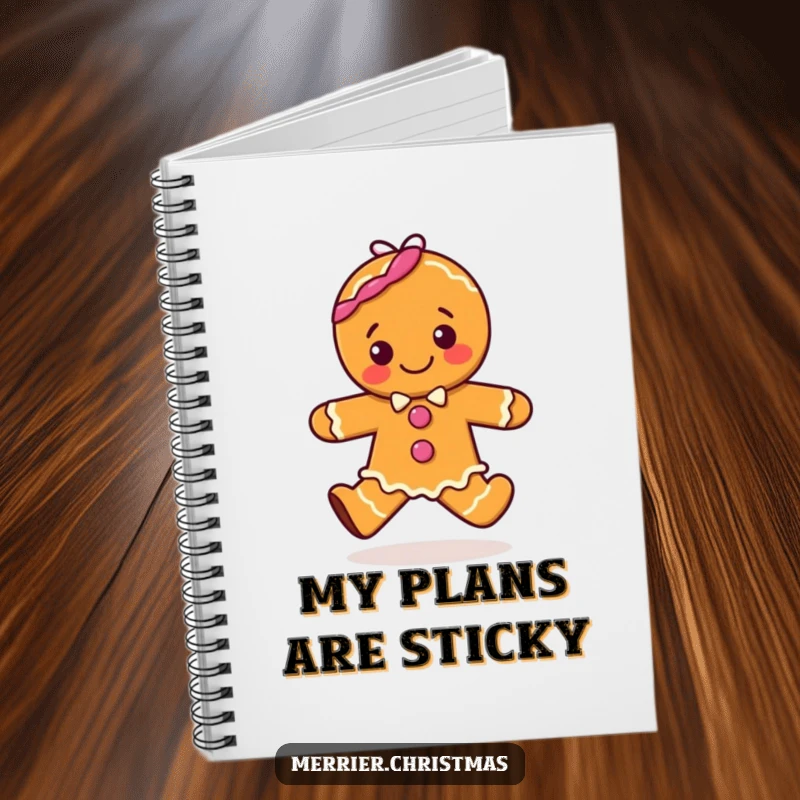 Funny notebook cover with a joyful gingerbread character doing a happy hop, perfect for capturing sweet thoughts and plans.