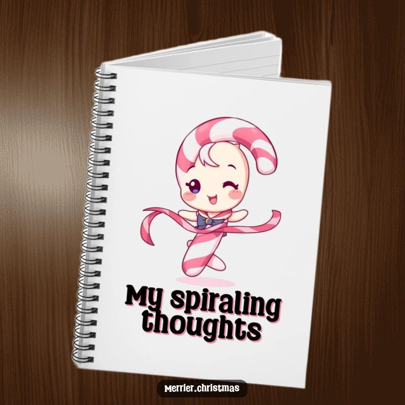 Funny notebook featuring a candy cane character playfully twirling a ribbon, perfect for jotting down holiday plans and ideas.