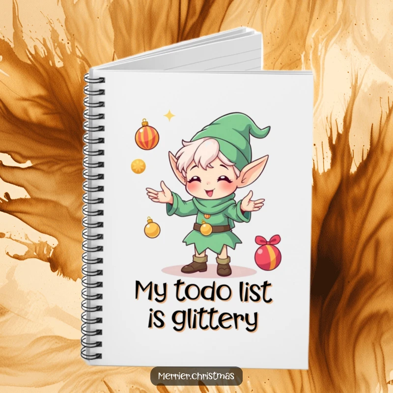 Funny notebook cover with an energetic elf character joyfully juggling shiny Christmas ornaments, perfect for capturing holiday thoughts.