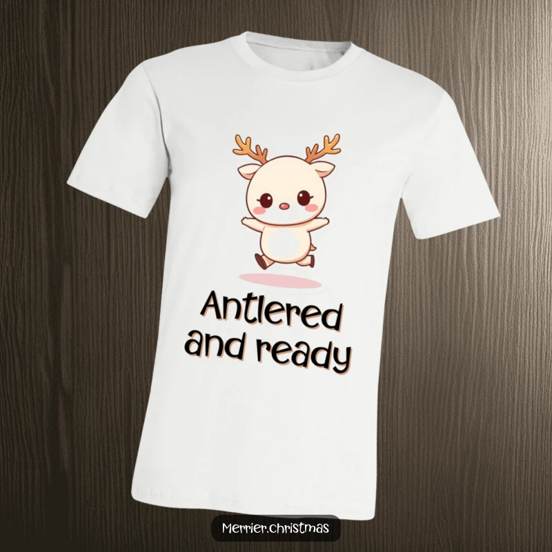 Funny T-Shirt of a kawaii character sporting reindeer antlers and doing a happy, energetic skip, embodying holiday cheer.