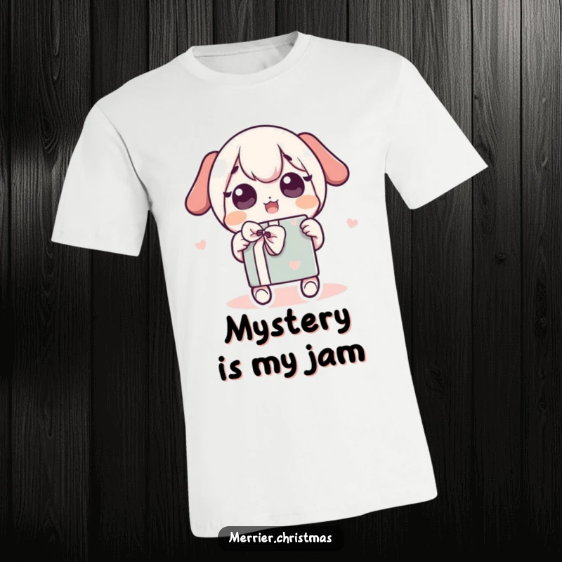 Funny T-Shirt featuring a kawaii character vigorously shaking a brightly wrapped gift, eyes wide with excitement and playful energy.