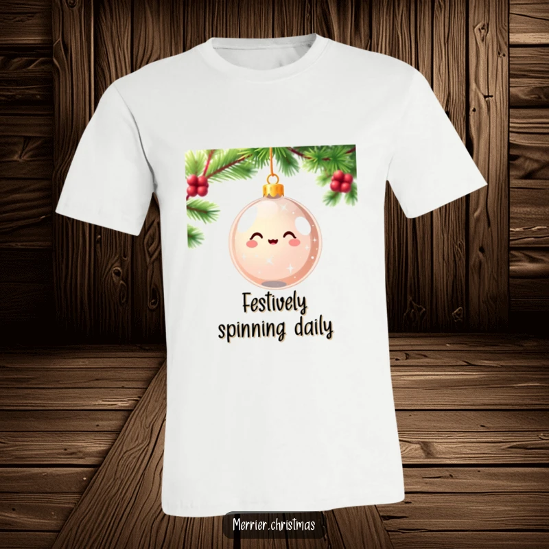 Funny kawaii Christmas ornament t-shirt sparkling and spinning with pure delight, a festive and humorous holiday apparel design.