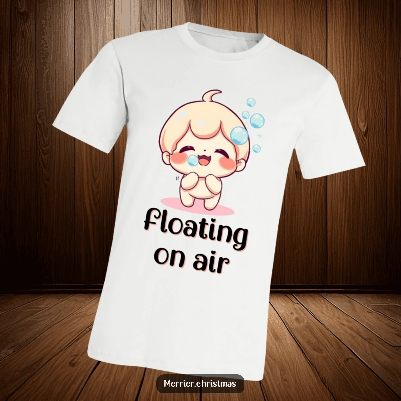 Funny T-Shirt of a kawaii character joyfully blowing a stream of iridescent, sparkly bubbles, radiating pure happiness.