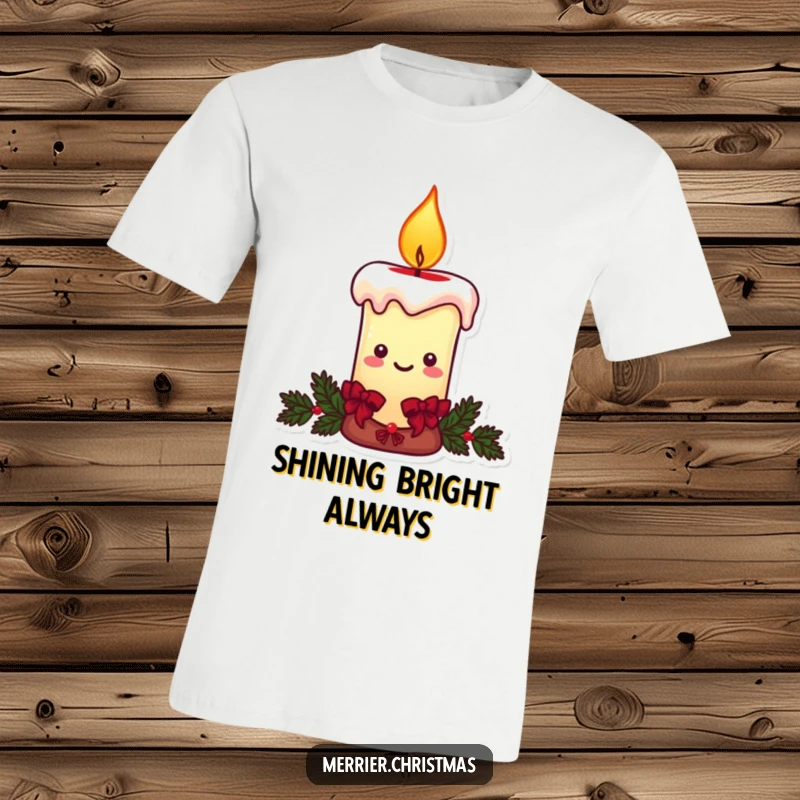 Funny Christmas candle t-shirt, a character with a warm, smiling flame, perfect for festive and humorous holiday wear.