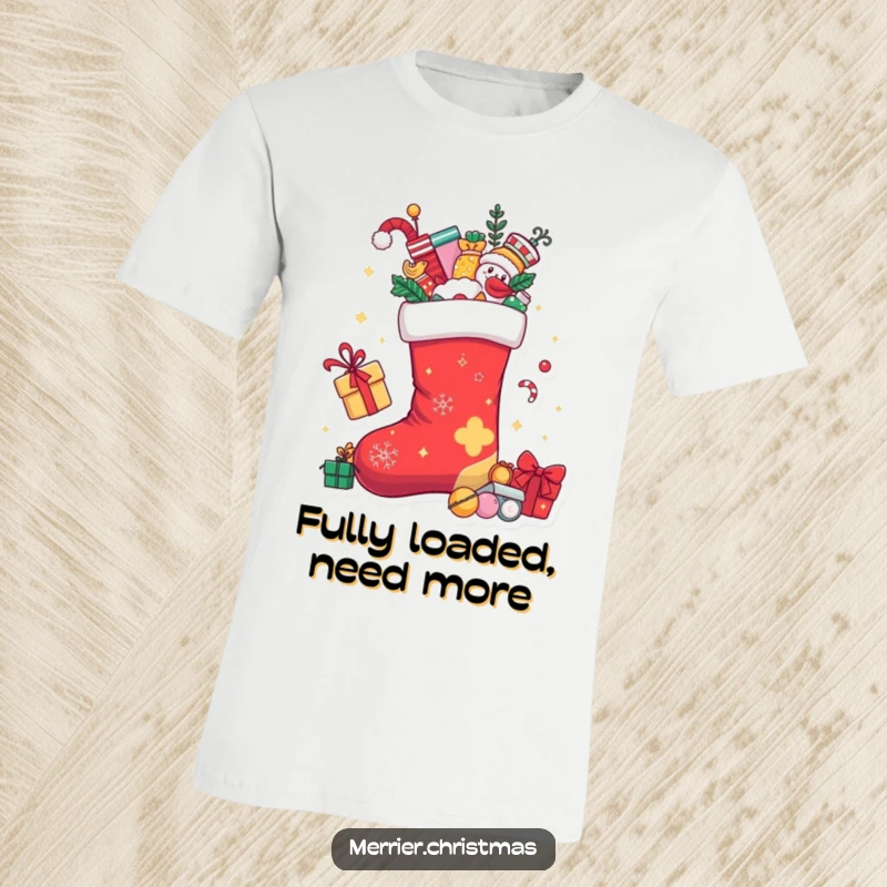 Funny Christmas stocking character spilling over with playful toys and treats, depicting festive abundance and cheer.