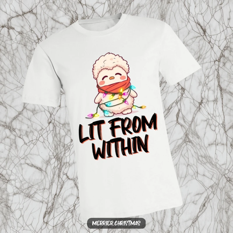 Funny t-shirt graphic of a confused, fuzzy slipper attempting to wear a string of blinking Christmas lights as a scarf.