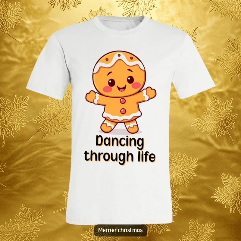 Funny smiling gingerbread character t-shirt, with icing details, performing a happy little dance, ideal for festive and cheerful wear.