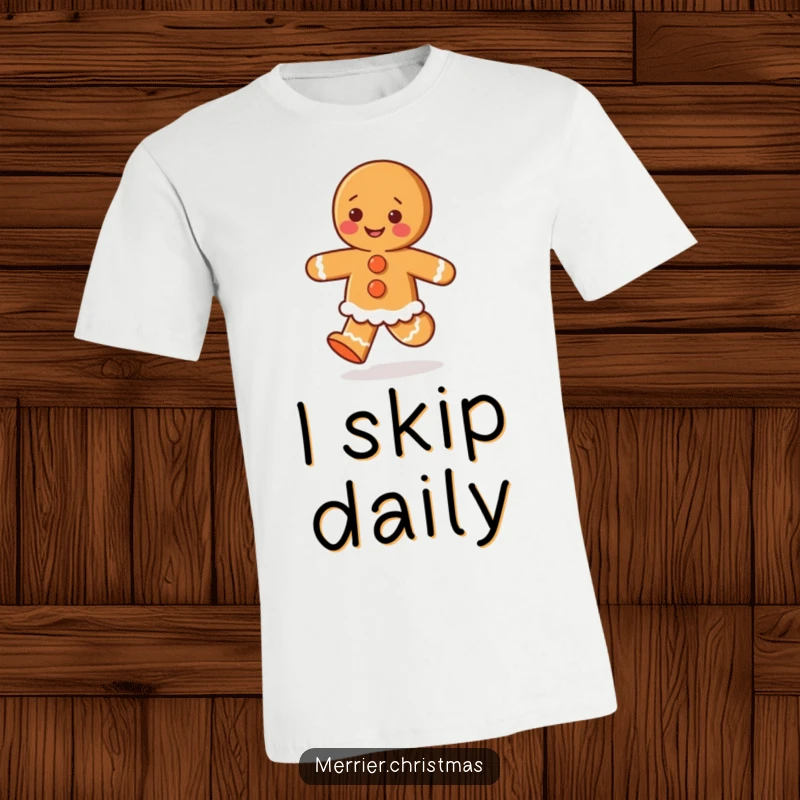 Funny t-shirt depicting a gingerbread person with decorative icing buttons, happily skipping with excitement and holiday spirit.