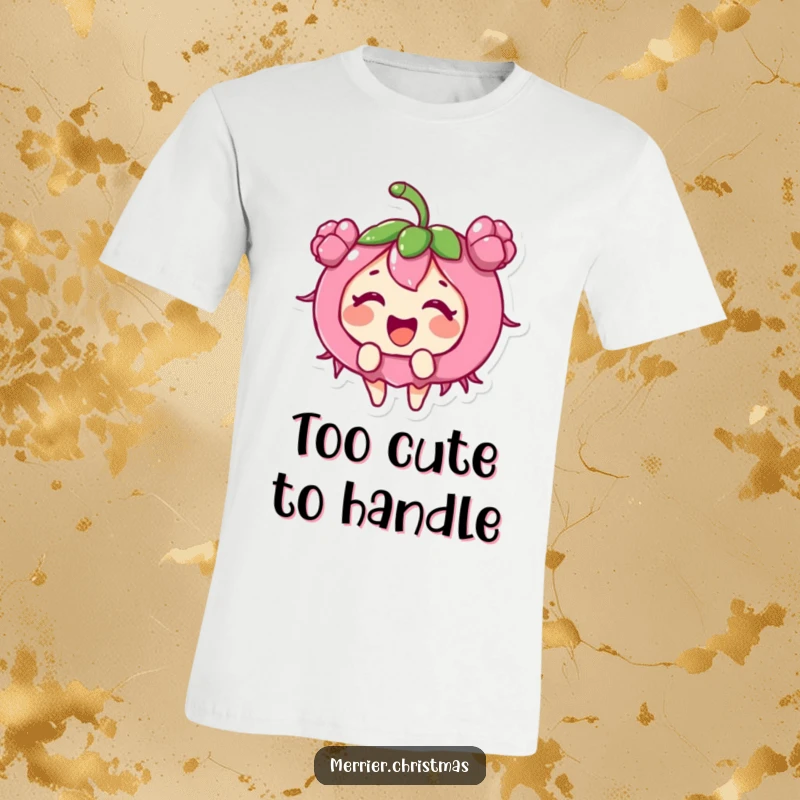 Funny holly berry character in a state of giggly excitement, surrounded by festive holly leaves on a t-shirt.
