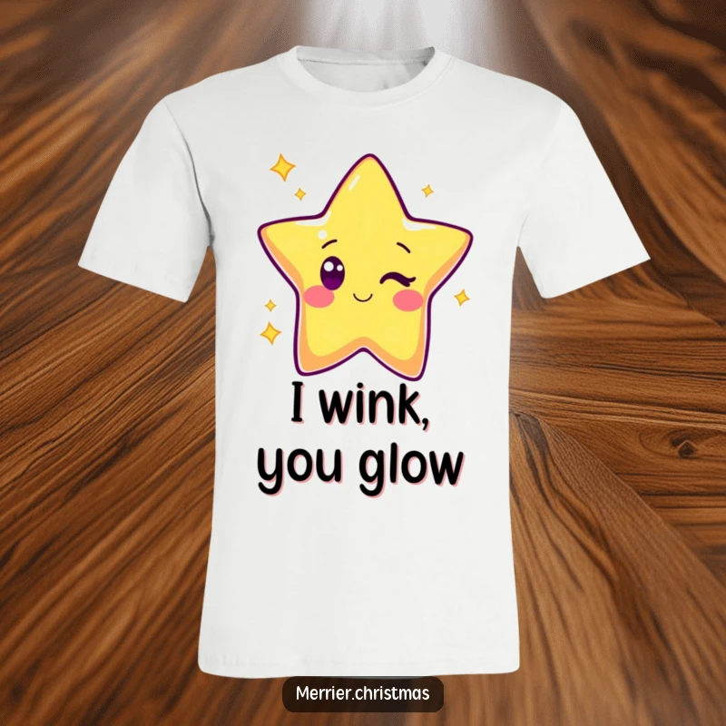 Funny Kawaii Star T-Shirt: Cute cartoon star character beaming with light and winking playfully, celebrating positivity and cosmic energy.